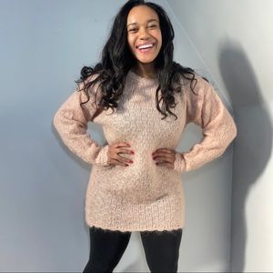 Vintage 90s fuzzy mohair acrylic light pastel pink long line tunic knit sweater